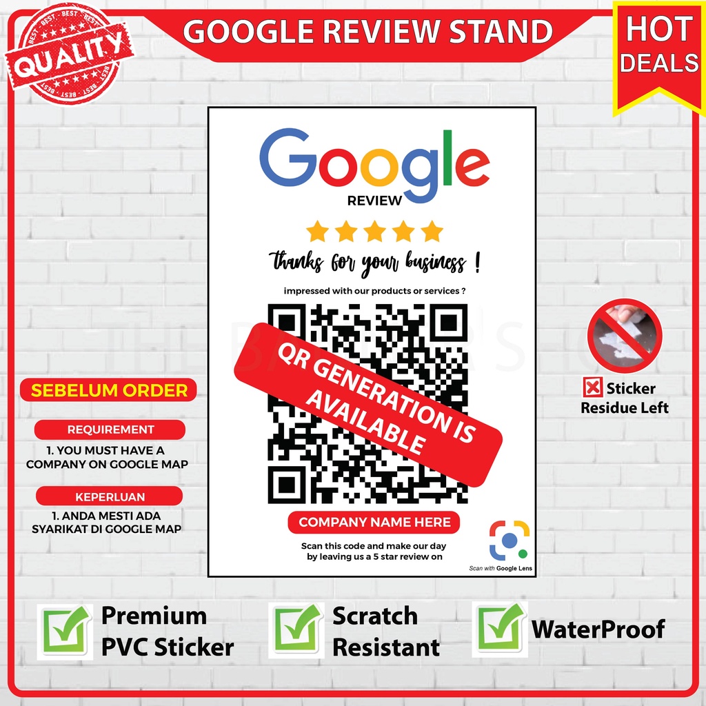 QR Code Google Map Review สติ๊กเกอร์ขนาด A5 พร้อมกระดาน Arcylic / ไม่มีกระดาน