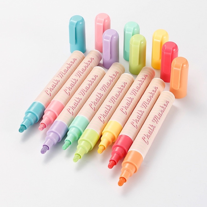 Macaron Glow ปากกาเขียนกระจก 8 สีพาสเทล | ปากกาไวท์บอร์ดสูตรน้ำ ลบได้ เขียนลื่น | สำหรับงาน DIY chalk marker