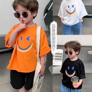 ✨【พร้อมส่ง】เสื้อยืดคอกลม แขนสั้น ผ้าฝ้าย ทรงหลวม ลายหน้ายิ้ม สีรุ้ง สําหรับเด็กผู้ชาย และเด็กผู้หญิง อายุ 3-12 ปี