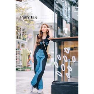 💖งานป้าย Pairy Tale💖 เซตขายาว เสื้อยืดคอวีแขนกุดผ้าเด้งแต่งตัวอักษร กางเกงยีนส์ตัดต่อผ้าลายคลื่น