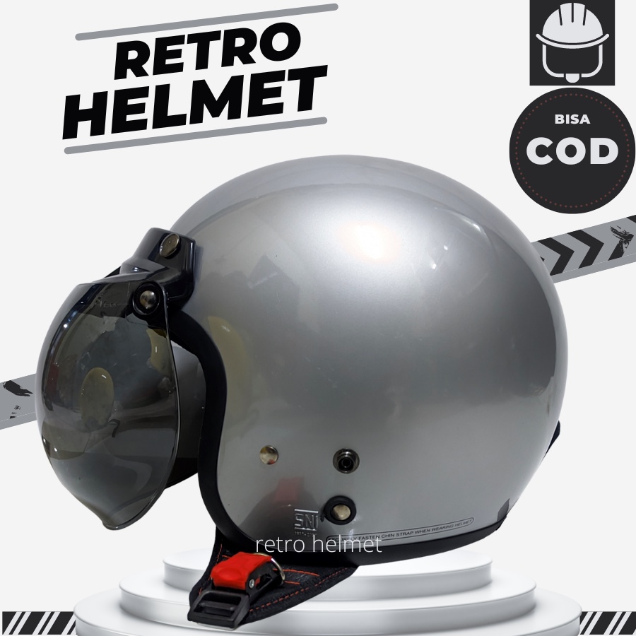 Bogo หมวกกันน็อคผู้หญิงหญิงชายผู้ใหญ่ Retro Classic Hijab Full คอแก้วแบนนูนธรรมดาเงิน SNI Premium