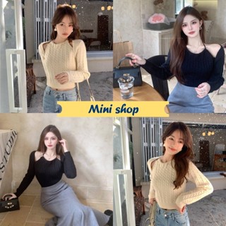 Mini shop🌸พร้อมส่ง🌸 (U040) เสื้อไหมพรมแขนยาว ดีเทลลายเปียเปิดไหล่เล็กๆ