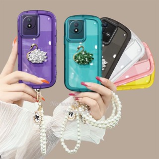 เคสโทรศัพท์มือถือใส แบบนิ่ม ลายหงส์ มีสายคล้อง ประดับมุก สําหรับ VIVO IQOO 11 Y02 Y02S Y16 Y22 Y22S Y35 2022 V25 V25e 4G 5G