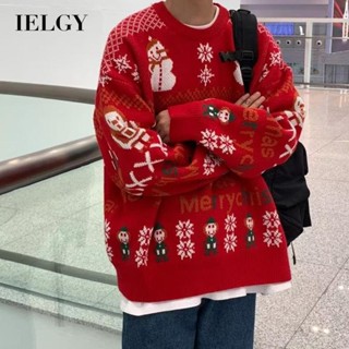 Ielgy เสื้อกันหนาว ผ้าถัก ลายคริสต์มาส สีแดง ขนาดใหญ่ สไตล์เรโทร สําหรับผู้ชาย