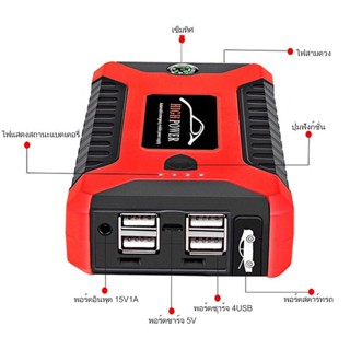 แหล่งจ่ายไฟฉุกเฉินสำหรับสตาร์ทรถยนต์ 12V บางเฉียบ สตาร์ทรถยนต์สตาร์ทสีแดงขุมทรัพย์พลังงาน พร้อมปั้มลม2-in-1 แบตเตอรี่รถย