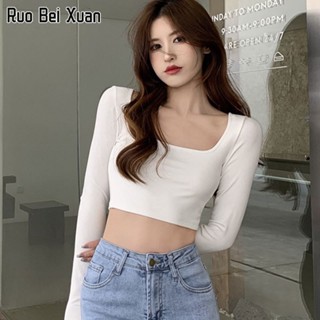 RUO BEI XUAN เสื้อยืดสตรีสีทึบเรียบง่ายคอสี่เหลี่ยมเปิดกระดุมเปิดหลังแขนยาวบางเฉียบ