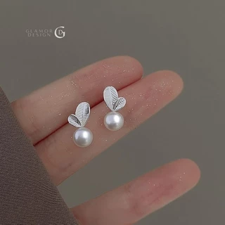 GLAMOR✨ต่างหูไข่มุกแท้ Pearl Leaf ต่างหูไข่มุก เม็ดใหญ่ ต่างหูเงินแท้ ต่างหูมุกเกาหลี ตุ้มหูมุก