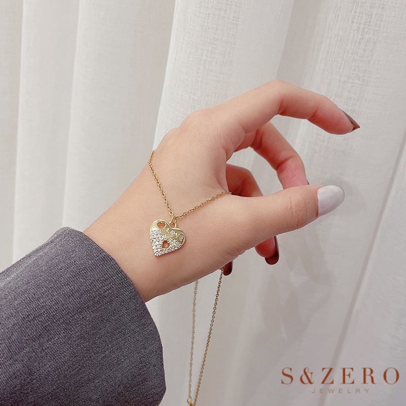 S & ZERO 18K Gold Cubic Zirconia เพชร Love Heart Clavicle จี้สร้อยคอผู้หญิงแฟชั่นโซ่อุปกรณ์เสริม RPW