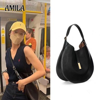 AMILA คนดังเกาหลีสไตล์เดียวกันหนัง PU สีดำ Tote ความจุสูงกระเป๋าสะพายครึ่งวงกลมนุ่ม