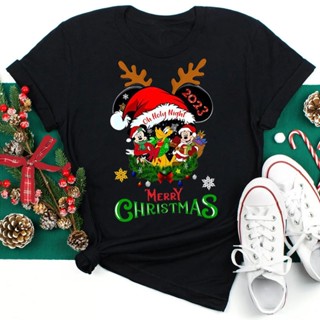 T-Women Tee 2023 Disney Merry Christmas Women Fashion Top Casual Women  Top Short Sleeve Cute Mickey Christmas Print Wo