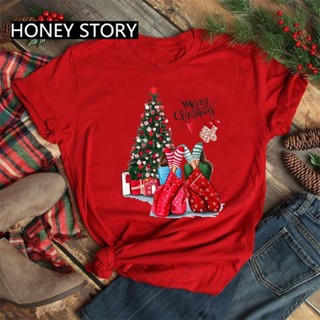 Merry Christmas T shirt Santa Print Men Women Couple Black Redเสื้อยืดสวยๆ