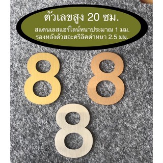 ตัวเลขบ้านเลขที่ สูง 20 ซม. สแตนเลสแฮร์ไลน์เกรด 304 รองหลังด้วยอะคริลิคดำหนา 2.5 มม. หนารวม 3.5 มม.