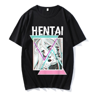 เสื้อยืดHarajuku Men T-Shirt Sexy Senpai Love Hentai Ahegao Otaku Vaporwave Black Short  Clothes Top Y2k