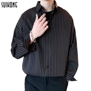 Suikone เสื้อผู้ชายแฟชั่นลายปกเกาหลีเสื้อสบาย ๆ หลวม Ins พรีเมี่ยมแบรนด์บูมแขนยาวท็อปส์ซู