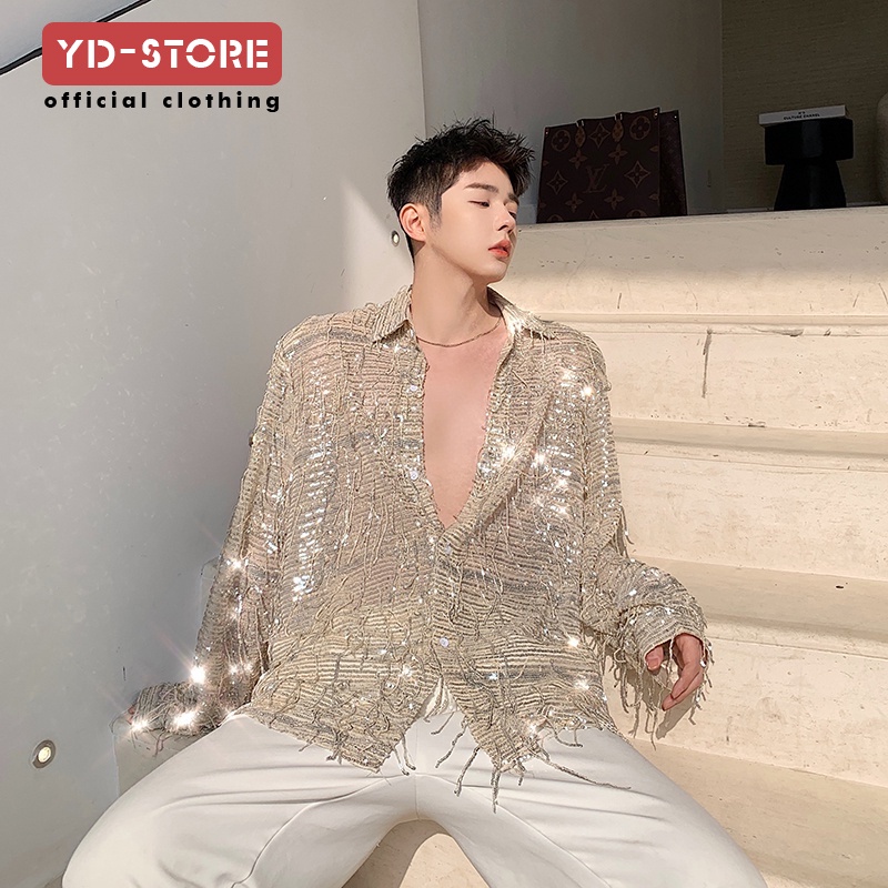 เสื้อแขนยาวแฟชั่นสำหรับผู้ชาย แบบหลวมสวมใส่สบาย เหมาะสำหรับออกงานกลางคืน