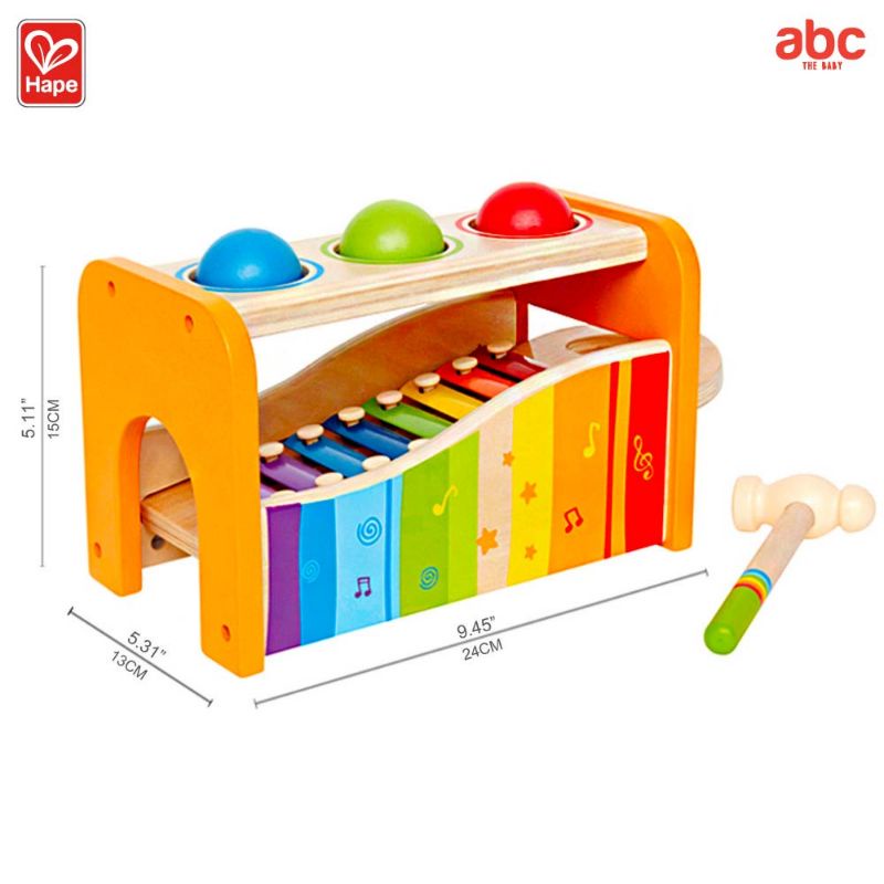 Hape - Toddler Music เครื่องตีจังหวะดนตรี Pound and Tap Bench (12M+) Xylophone ค้อนตีลูกบอล - E0305