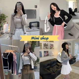 Mini shop🌸พร้อมส่ง🌸 (9193+9193-1) เซ็ท เสื้อสายเดี่ยว+เสื้อคลุมไหมพรม ผ้าร่องใส่สบายสีพาสเทลน่ารัก