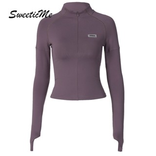 Sweeticme เสื้อแขนยาว คอสูง เข้ารูป มีซิป สไตล์ยุโรป อเมริกัน สําหรับผู้หญิง