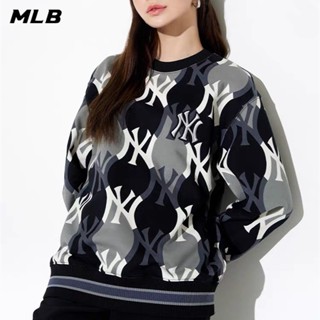 เสื้อกันหนาวแขนยาว คอกลม ผ้าฝ้ายแท้ ปักลายโลโก้ MLB NY ของแท้ สําหรับคู่รัก