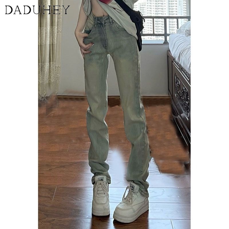 DaDuHey Women's New Amercian High Street Yellow Mud-Color Jeans Chic Fashion Straight Loose Wide-Leg Casual Pants