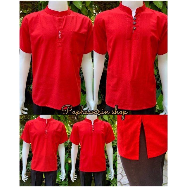 เสื้อแดงตรุษจีน แดงวาเลนไทน์ เสื้อผ้าพื้นเมือง ผ้าฝ้ายเนื้อนิ่ม คอจีน แขนสั้น ใส่สบายมาก ไม่หนาไม่บาง