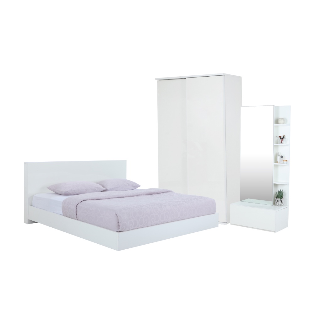 INDEX LIVING MALL ชุดห้องนอน รุ่นแมสซิโม่+แมกซี่ ขนาด 5 ฟุต (เตียงนอน(พื้นเตียงซี่)+ตู้บานสไลด์ไม้ 120 ซม.+โต๊ะเครื่องแป้ง) - สีขาว