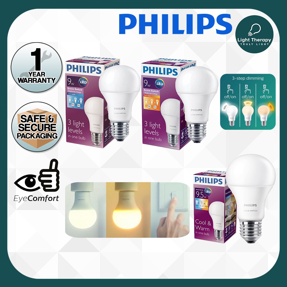 Philips Led SCENE SWITCH Bulb 3-STEP 9W (Brightness Change) หลอดไฟ Lampu Mentol ไฟ Led