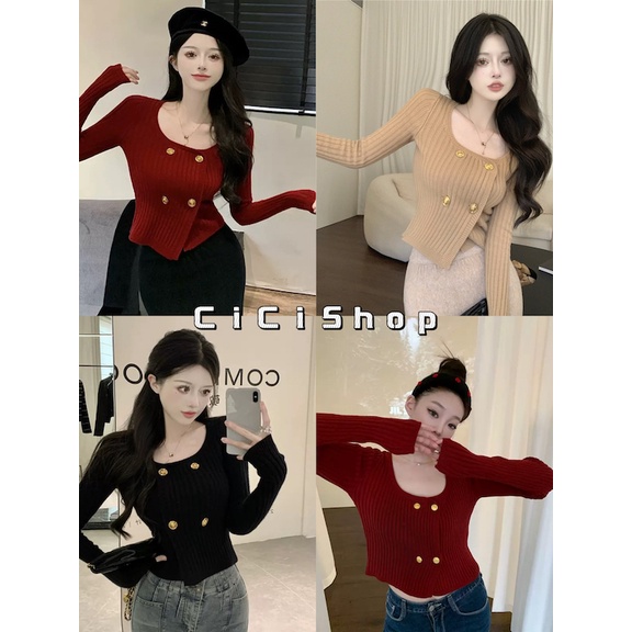 Cicishop (M548) Knit Top เสื้อไหมพรมแขนยาวคอกว้าง ผ้าทอร่องแต่งกระดุมทองเก๋ๆ ทรงสวยใส่แมตช์ง่าย