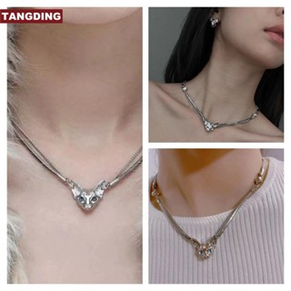 【COD Tangding】สร้อยคอโซ่สองชั้น จี้รูปหัวแมว เครื่องประดับ สําหรับผู้หญิง