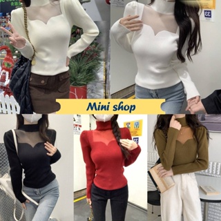 Mini shop🌸พร้อมส่ง🌸 (49113)เสื้อไหมพรมแขนยาว คอเต่า ดีเทลซีทรูเบาๆทีหน้าอกน่ารักแอบเซ็กซี่