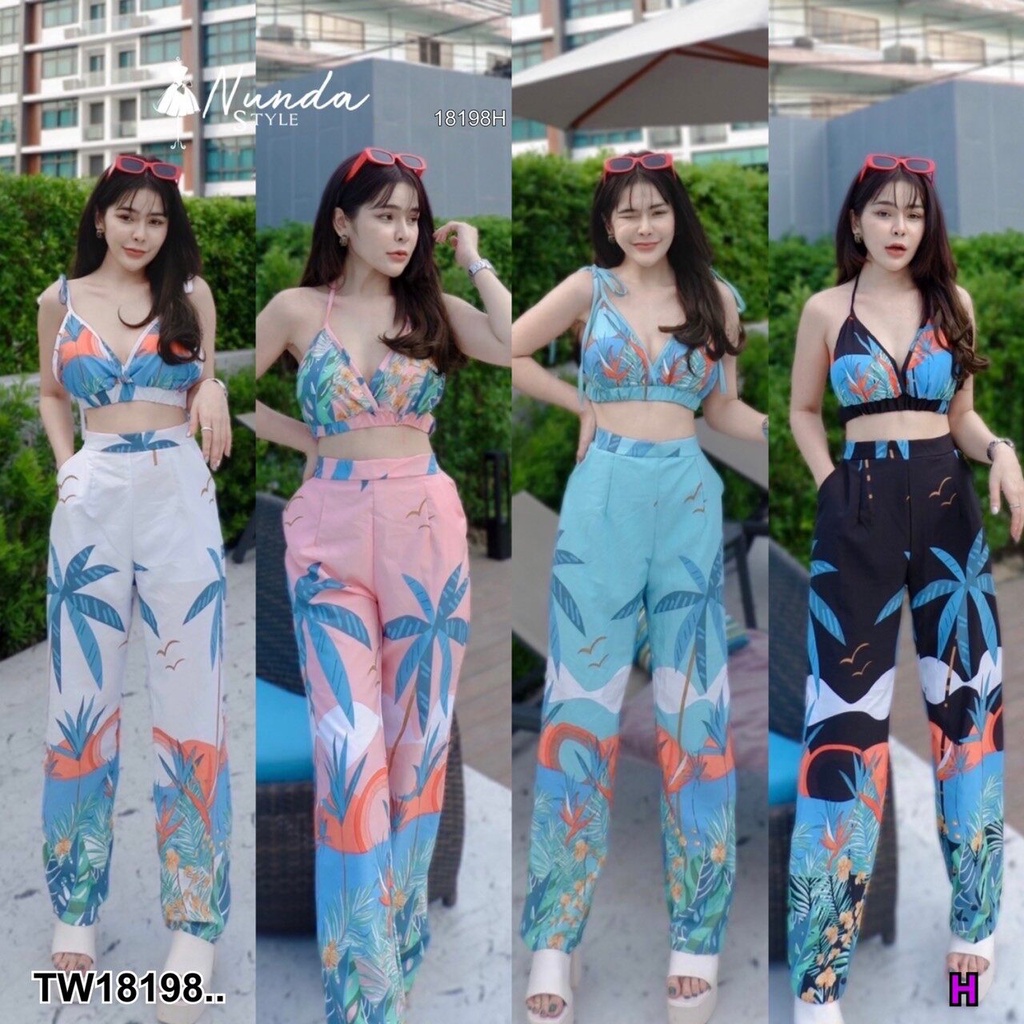 TW 18198 ชุดเซท เที่ยวทะเล ชุดไปทะเล เสื้อสายผูกไหล่ (ฟรีไซส์ M อก 32-36 เอว 26-32 สพ36-38)