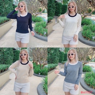 bybeyond เสื้อไหมพรม แขนยาว คอกลม ลายพื้น ขอบคอสีดำขาว สไตล์เกาหลี พร้อมส่ง