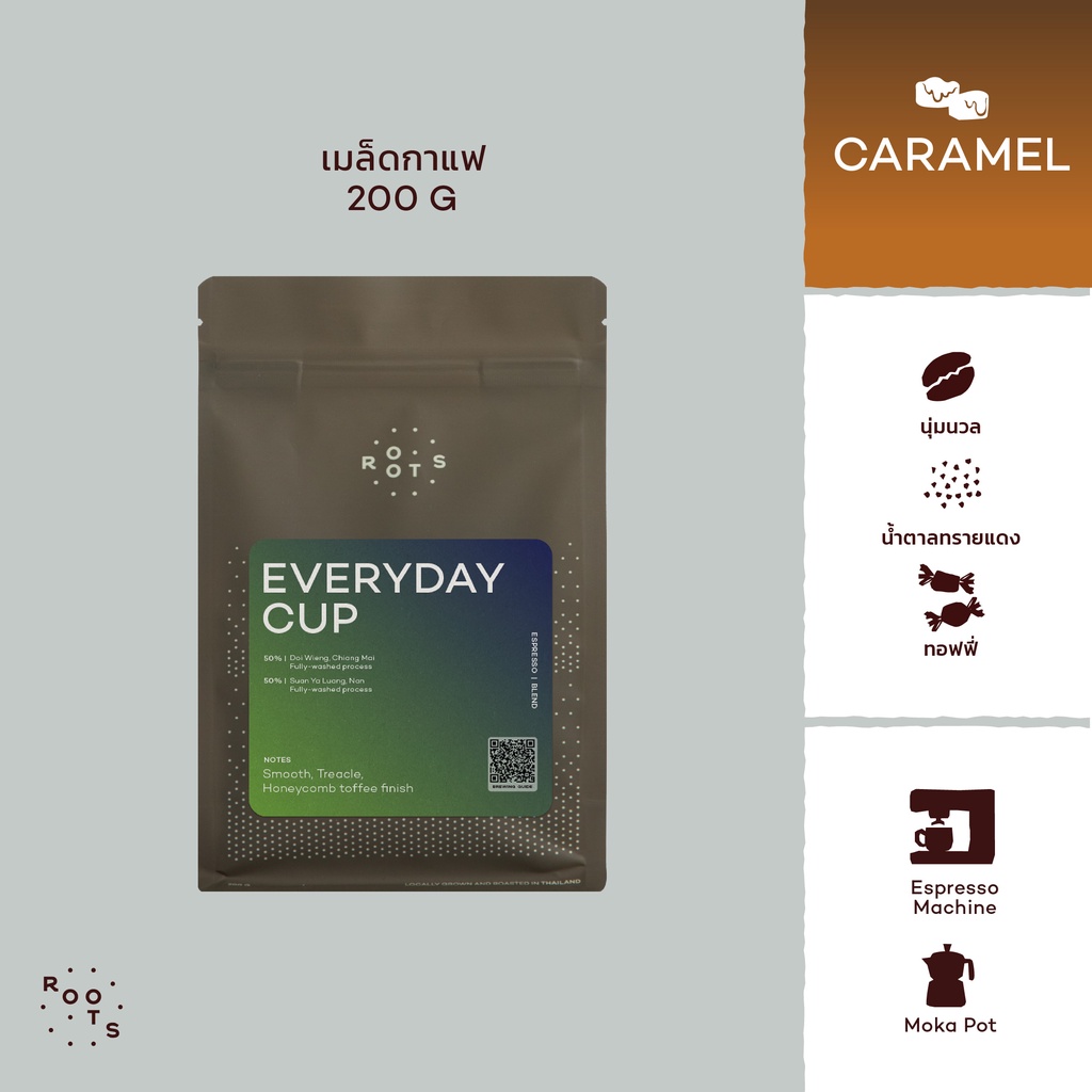 Roots Coffee เมล็ดกาแฟ Everyday Cup Blend ขนาด 200g คั่วระดับกลางเกือบเข้มเหมาะสำหรับชงด้วยเครื่อง Espresso และ Moka Pot