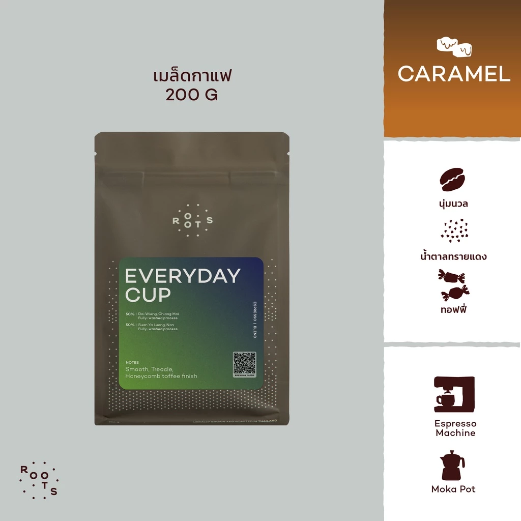 Roots Coffee เมล็ดกาแฟ Everyday Cup Blend ขนาด 200g คั่วระดับกลางเกือบเข้มเหมาะสำหรับชงด้วยเครื่อง Espresso และ Moka Pot