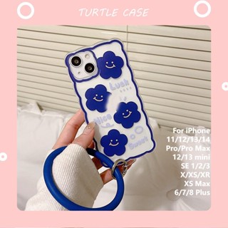 [พร้อมส่ง] เคสซิลิโคน ลายดอกไม้สีฟ้า พร้อมสายคล้องมือ สําหรับ Apple iPhone 14 13 12 11 PROMAX XS XR XSMAX SE2020 6 7 8PLUS MINI