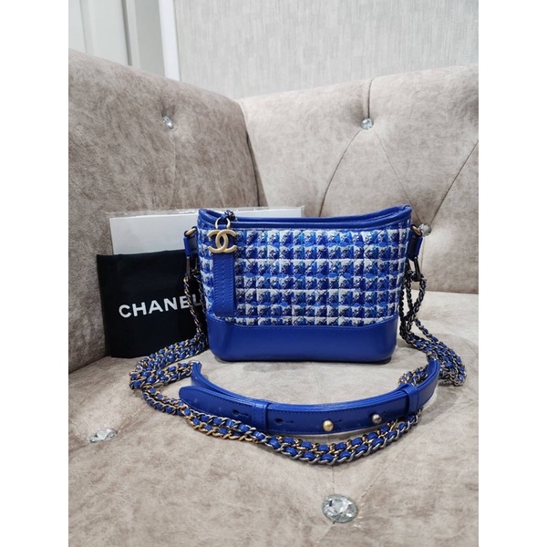 Used in good Chanel Gabrielle Tweed Calfskin Small Bag Royal Blue