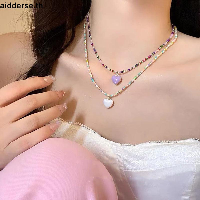 สร้อยคอโซ่ ประดับลูกปัดหัวใจน่ารัก สีแคนดี้ สไตล์เกาหลีใต้ หวานแหวว เครื่องประดับ สําหรับผู้หญิง นักเรียน สร้อยคอลูกปัด
