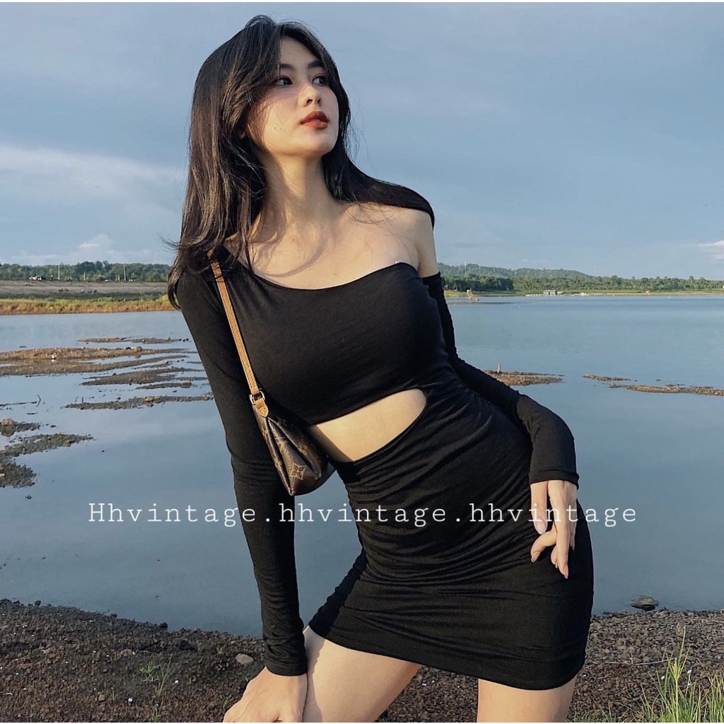 HHVINTAGE ชุดเดรสบอดี้คอนแขนยาวผู้หญิงพร้อมเดรสเอวยางยืดแบบตัด A86