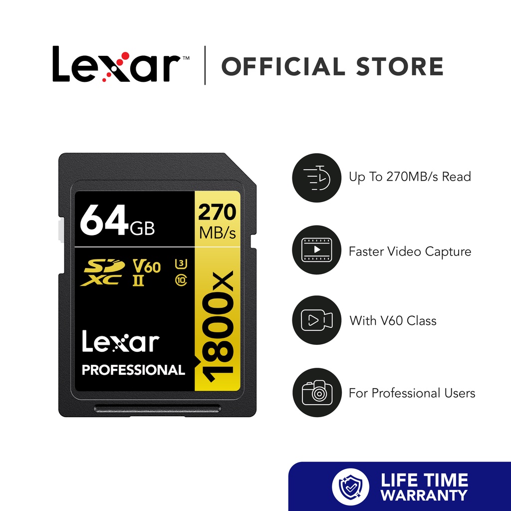 Lexar 64GB Professional 1800x SDXC UHS-II Card GOLD Series