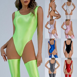 【FUNWD】Women Glossy Swimsuit High Cut Backless Thong Bodysuit oily Blackless Leotard