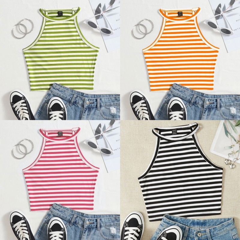 พร้อมส่งจากไทย เสื้อครอป ท็อป เสื้อคล้องคอ คอเต่า ลายทาง ลายขวาง