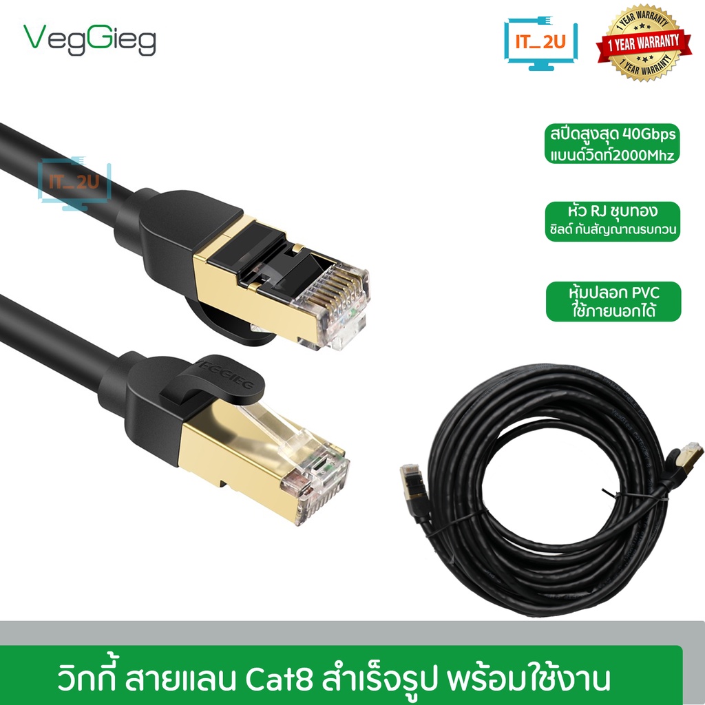 Veggieg Cable Lan SFTP Cat8 Patch Cord Network Ethernet 40Gbps 10M/15M/20M/30M สายแลนสำเร็จรูปพร้อมใช้งาน