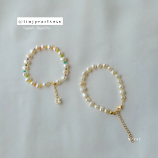 Rainbow Style สร้อยข้อมือไข่มุกแท้ มุกเคชิ x ลูกปัดแก้วคริสตัล ไข่มุกน้ำจืด Pearl Bracelet Tinypearlxoxo N1040