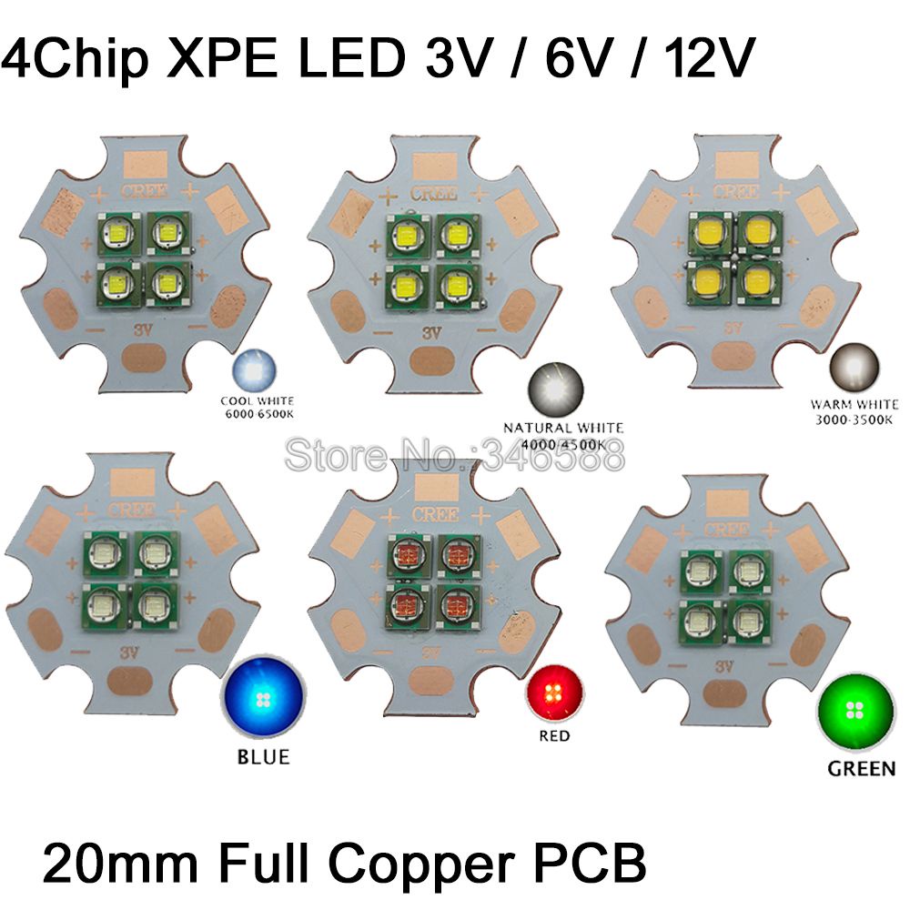 2x  10W 3V/ 6V / 12V Cree XPE XP-E 4 Chips 4 LED Car Light Emitter instead of XML Red Green Blue Yel