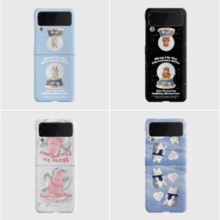 The nine mall - Christmas winter theme pattern color hard phone case for galaxy z flip 1 2 3 4 flip4 snow snowman bear bunny heart blue white ninemall korea