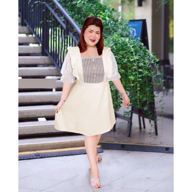 225.R ชุดเดรสสาวอวบ ชุดออกงานสาวอวบ แต่งลูกไม้ระบายข้าง กระดุมมุก - รูปที่ 3