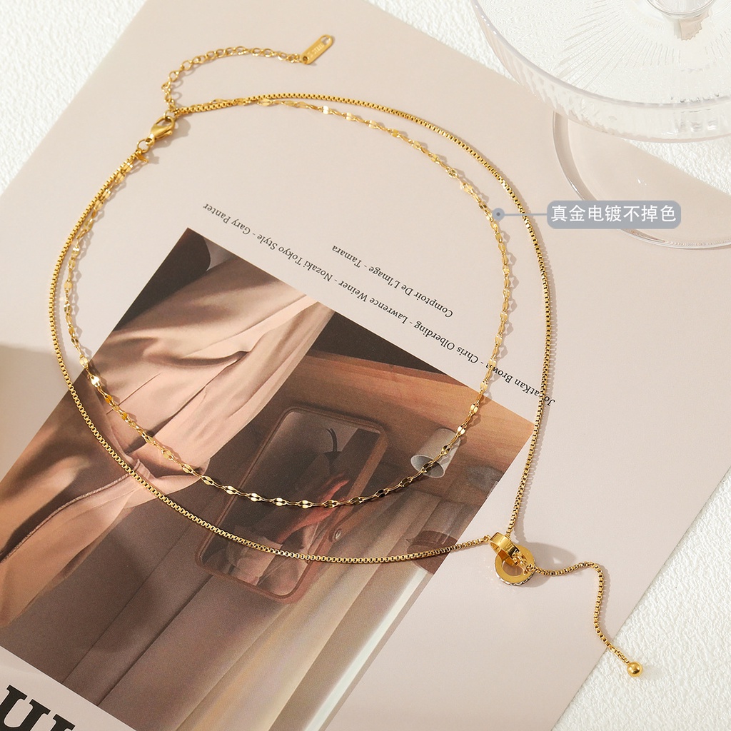 สร้อยคอโซ่เหล็กไทเทเนียม ทอง 18k ฝังเพทาย สองชั้น สไตล์โรมัน ราคา ถูกที่สุด ดีลบีเคเค แกลเลอรีภาพที่ 4