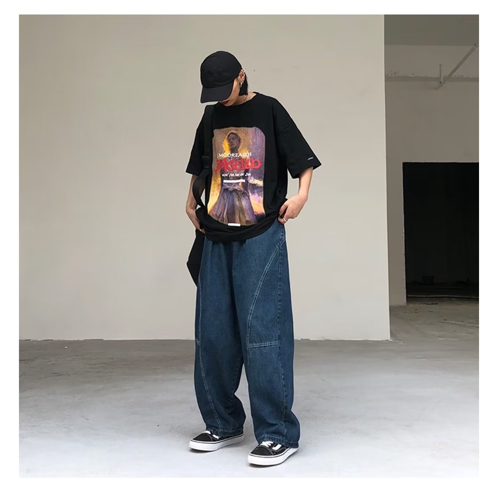 กางเกงยีนขากว้างลําลอง ทรงหลวม ขนาดใหญ่ แฟชั่นสําหรับผู้ชาย ไซซ์ S - 5XL