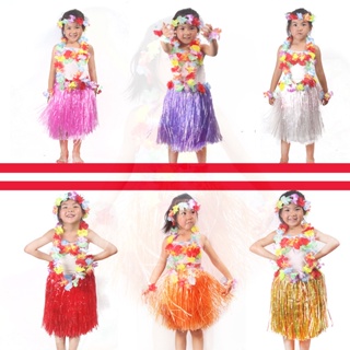 FUFU SHOP ชุดฮาวาย  ชุดกระโปรงฮูลาฮูล่า ยาว60เซน พร้อมเซทดอกไม้  Hawaii Hawaiian Dance