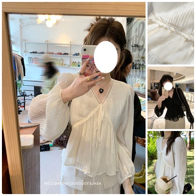 (พร้อมส่งจากไทย) เสื้อคอวีตกแต่งลูกไม้ใส่สบาย[BB24]